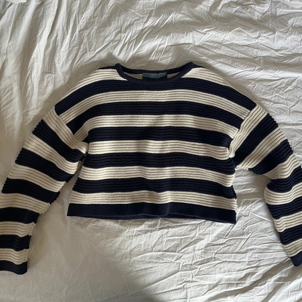 Liz Claiborne Navy and Ivory 100% Cotton Sweater - Petite S